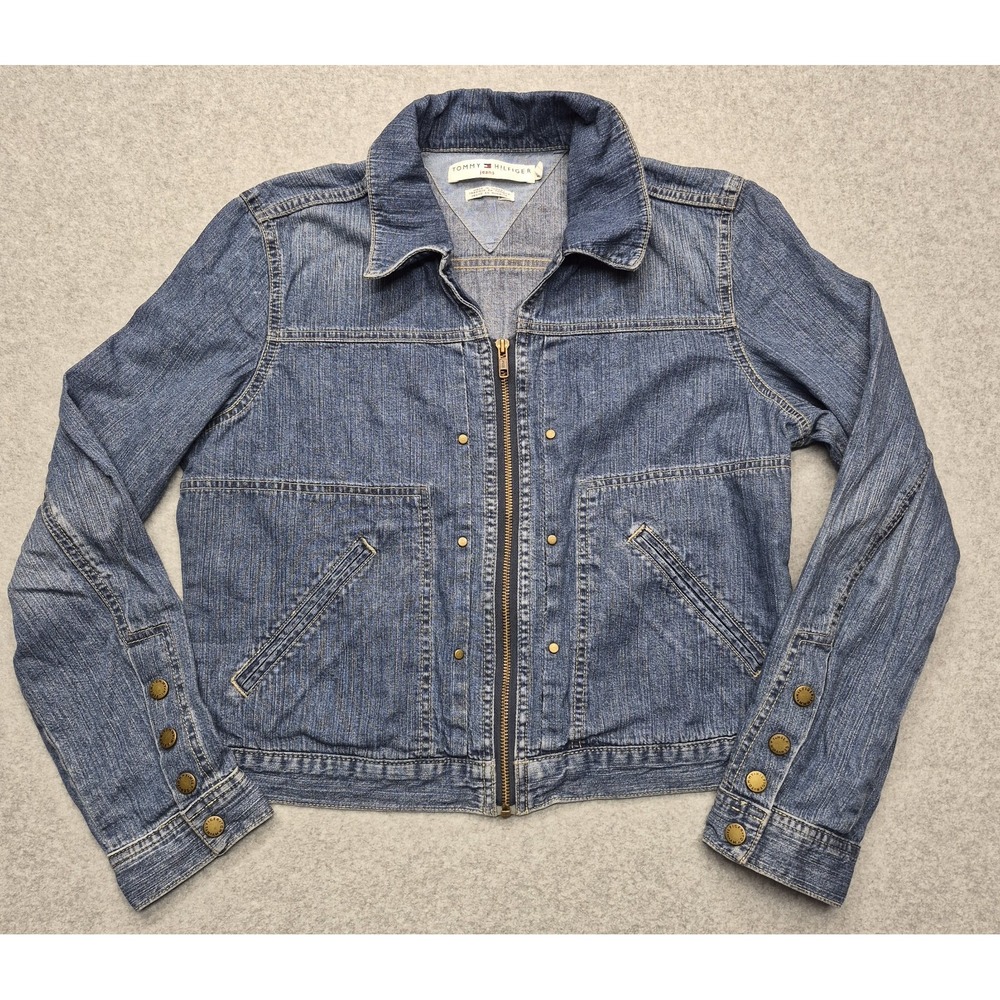 Tommy Hilfiger Jeans Jacket Womens L Blue Denim Full Zip Trucker Y2K Medium Wash